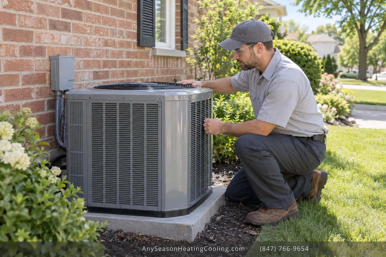 HVAC technician inspecting a newly installed central air conditioner in Des Plaines, Illinois