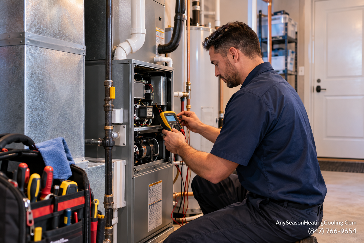 HVAC technician servicing a gas furnace and central air conditioner in Northbrook, IL