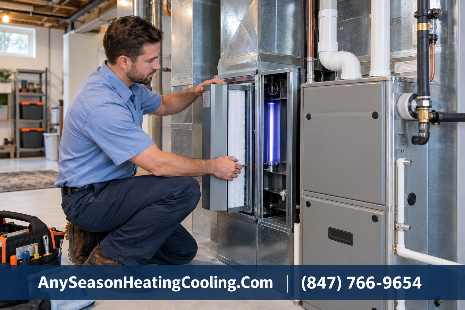 Indoor air quality technician servicing a whole-home air purifier and HVAC UV light in Des Plaines, IL