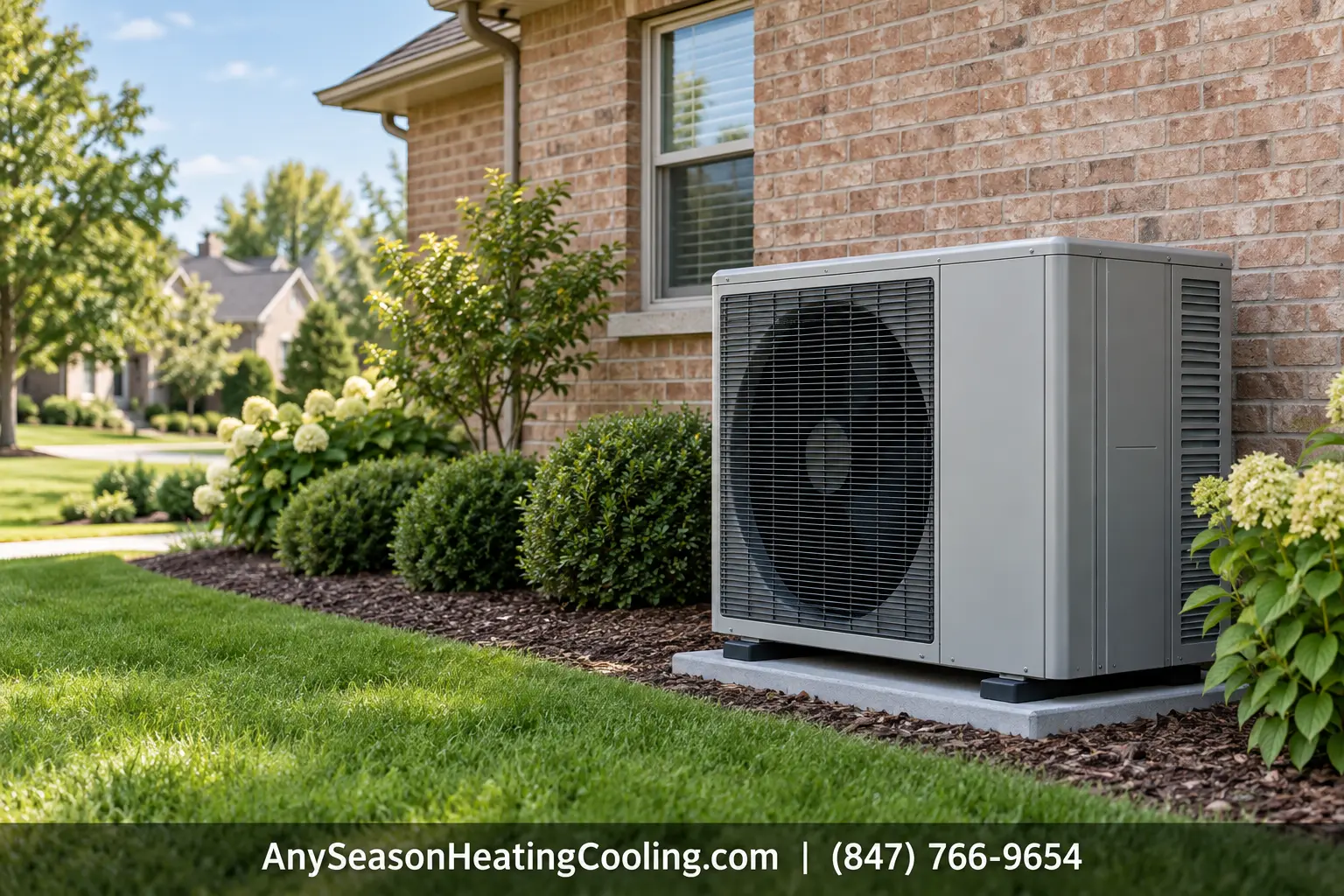 Modern residential heat pump installed beside a brick home in Des Plaines, Illinois