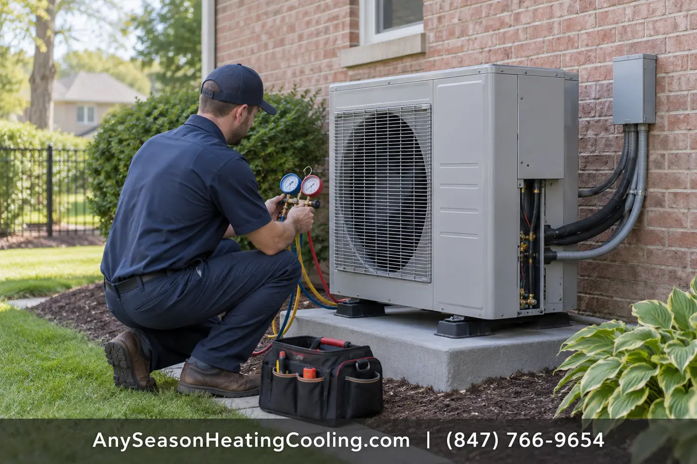 Heat Pump Maintenance technician inspecting residential equipment in Des Plaines Illinois